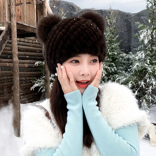 Damen Echt Nerz Pelzmütze Beanie Winter warm Strick Outdoor Mütze mit Fuchspelz Ball - Bild 15 von 24