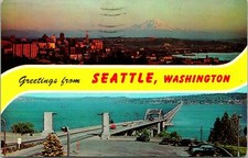 Seattle WA Skyline Mt Rainier Pantoon Bridge Postcard Used (31437)