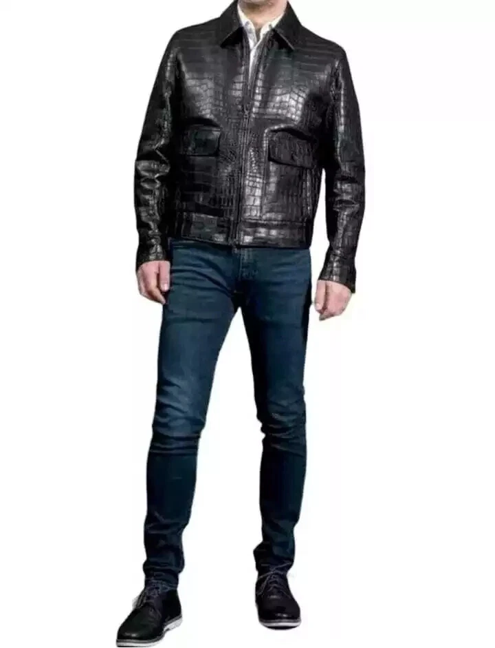 男式真皮鳄鱼纹浮雕夹克骑手黑色鳄鱼印花夹克 — 第 3/4 张图片