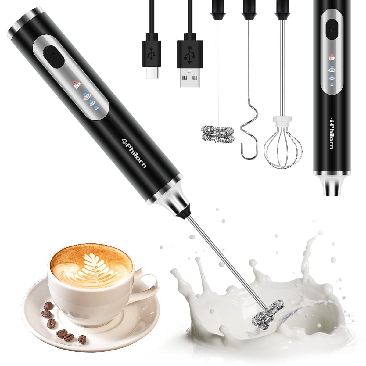 Milk Frother Wand Handheld Drink Mixer, Rechargeable Coffee Frother with 3 He...