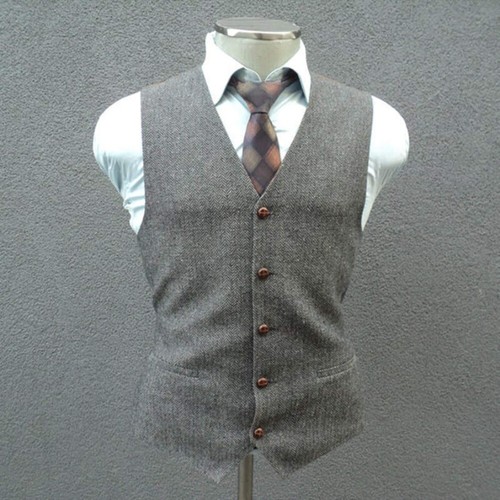 Herren Weste Beige Fischgräte Tweed Anzug Jackett Sakko Formel Hochzeit Business - Picture 6 of 16