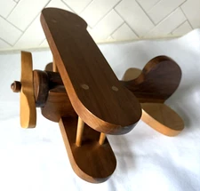 VTG Solid Wooden Airplane 14" x 14" Toy Bi-Plane (Wheels and Propeller Work) EUC