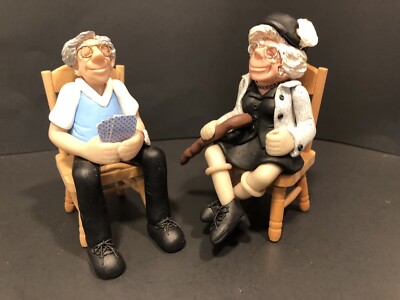D. Manning Figurine 4  Shelf Sitter Retired Couple Grandma Grandpa And 2 Chairs