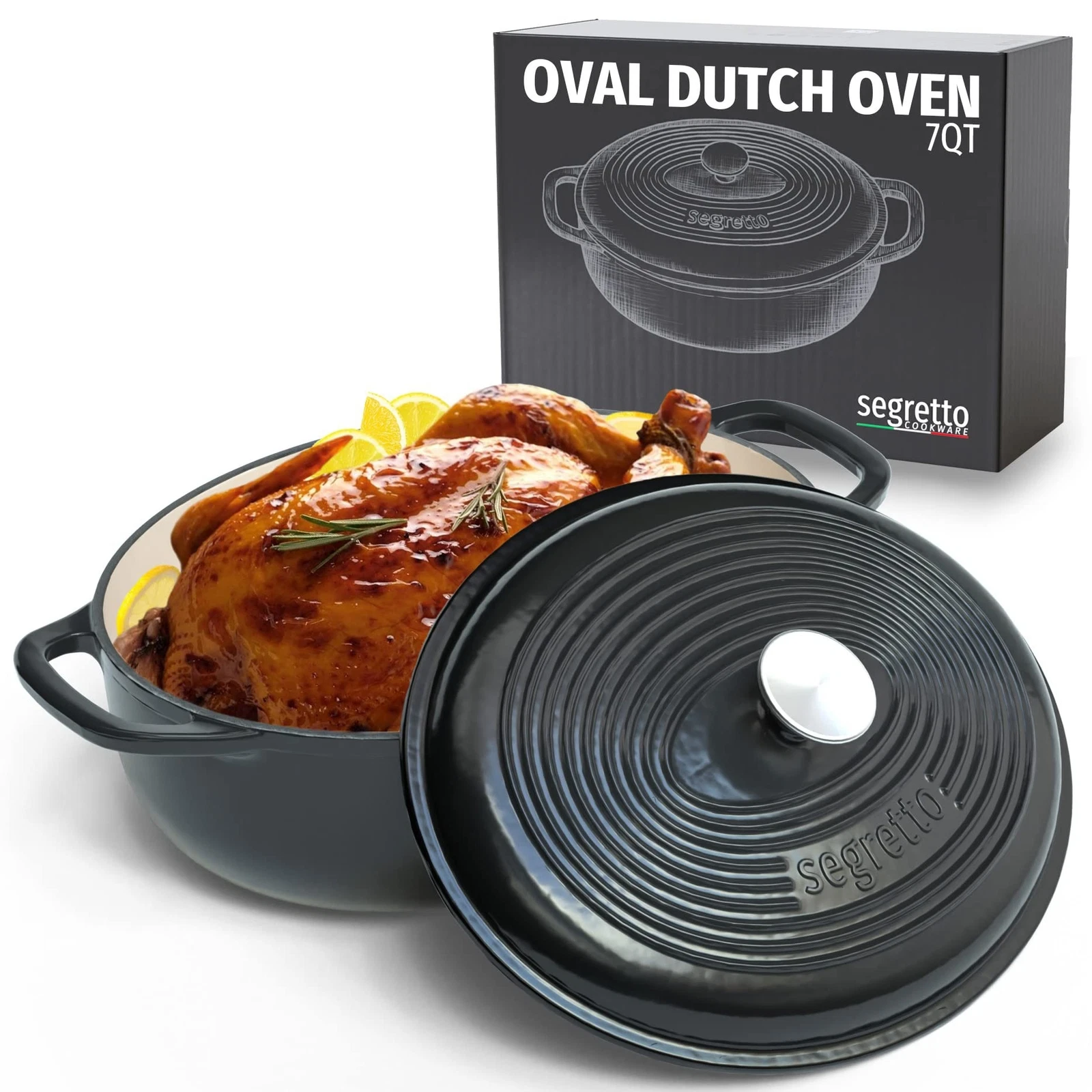 Segretto Cookware Enameled Oval Cast Iron Dutch Oven with Handle, 7 Quarts, N...