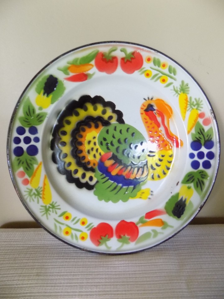 Vintage 1960’s Turkey Enamelware Enamel Metal PLATES Thanksgiving