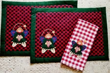 Quilted Rustic Red/Green ANGEL Placemat/Towels 6 pc SET Christmas Winter Vermont