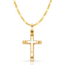 14K Yellow Gold Cross Charm Pendant with 3.1mm Figaro 3 1 Chain Necklace