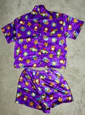 Garfield Cat Pj Pajamas Silk Feel Women Ladies Large L Purple Shirt Shorts