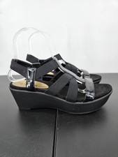 Chaps Womens 5.5/6 Black Wedge Sandal Shoes Stretch Strappy Straps Formal