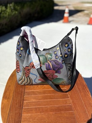 ANNA By Anuschka Blue Floral Hand Painted Leather Hobo Handbag Tote Boho NWT