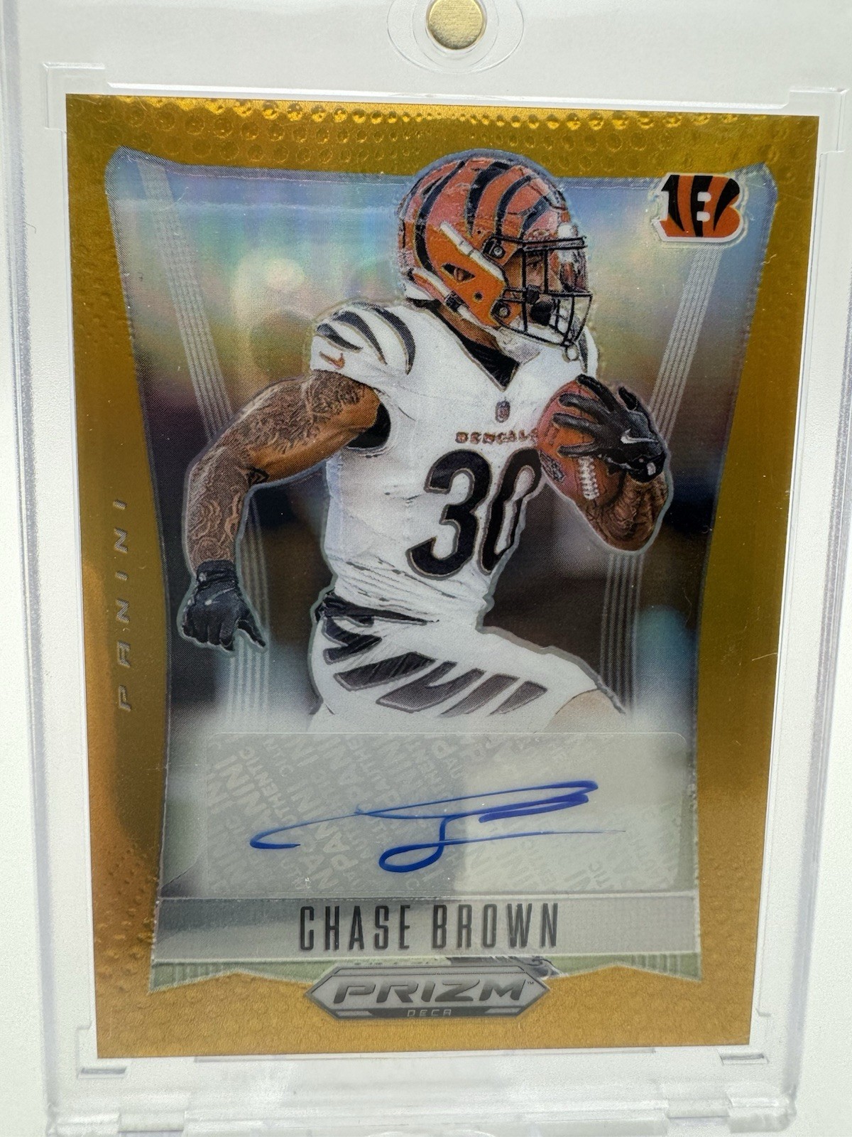 2024 Panini Prizm Deca Signatures Chase Brown Gold Auto /10 #S-CBN Bengals view 5