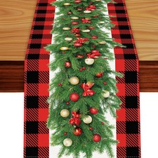 Red and Black Buffalo Plaid Table Runner, Seasonal Winter Christmas Holiday K...