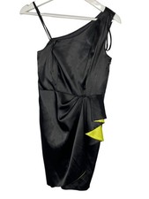 Bebe Womens Small Satin One Shoulder Mini Dress Black Yellow Cocktail