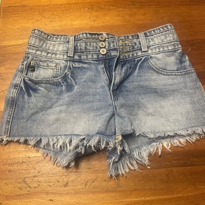 KanCan Jean Shorts Womens Size 3/25 Raw Hem Triple Button Cotton Blend Beach