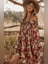 0247. Off-Shoulder Boho Paisley Mini Dress in Rust