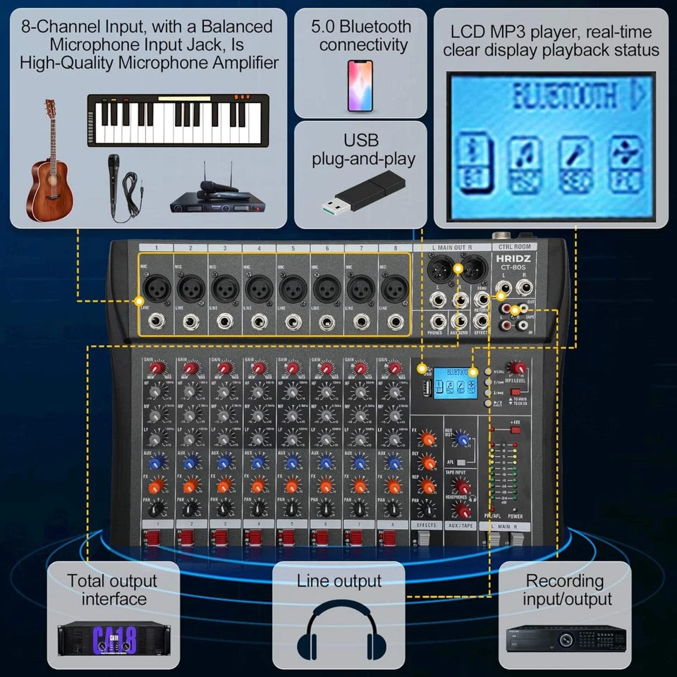Hridz 8 Channels Bluetooth Audio Mixer DJ Karaoke Live Studio Mixing USB Console - Image 3 of 4