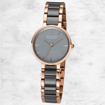 Regent Keramik Damen Uhr Armbanduhr Quarz rosegold schwarz Metallarmband URF1466