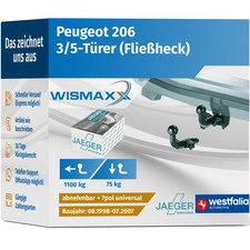 ANHÄNGERKUPPLUNG für Peugeot 206 98-07 abnehmbar WESTFALIA +7pol E-Satz ABE