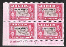 Liberia 1952, 25c Ashmun and maps color trial IMPRINT BLOCK(4) red-brown,  #C68