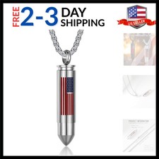 Bullet Urn Necklace for Ashes Stainless Steel Box Chain 24 inch American Flag...
