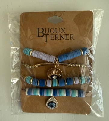 BIJOUX TERNER BOHO Stretch Bracelet STACK OF 4 BLUE EVIL EYE BRACELETS
