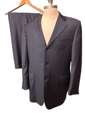 Canali Mens 42 Long Navy Pinstripe Full Suit Pleat Cuff 35x32 Gangster Mob Boss
