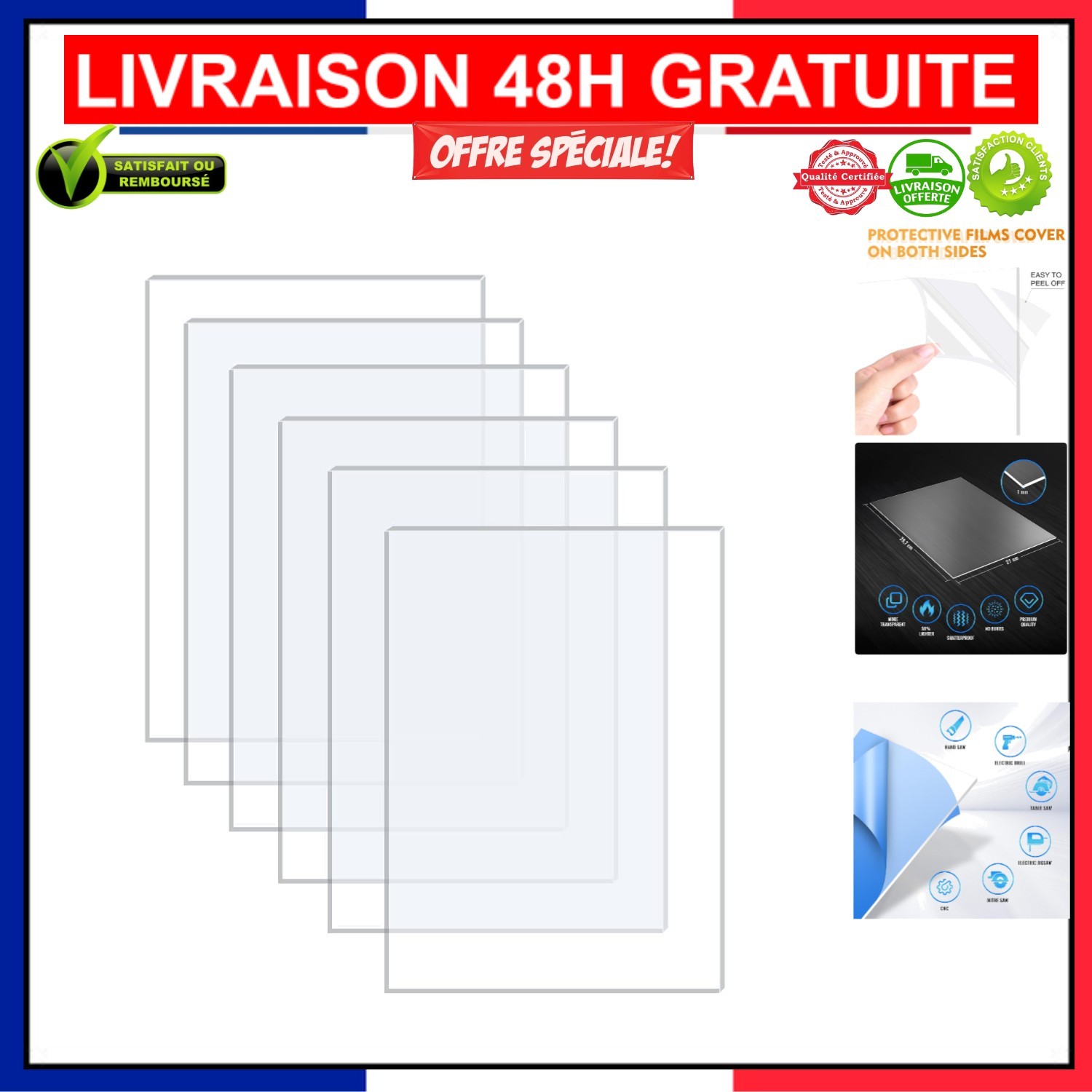 Plaques acryliques transparentes A4 feuille plastique rigide pour gravure laser et plaque de porte