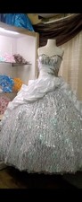 White Silver Ball Gown Wedding Dress Sweetheart Neckline Beading Sleeveless