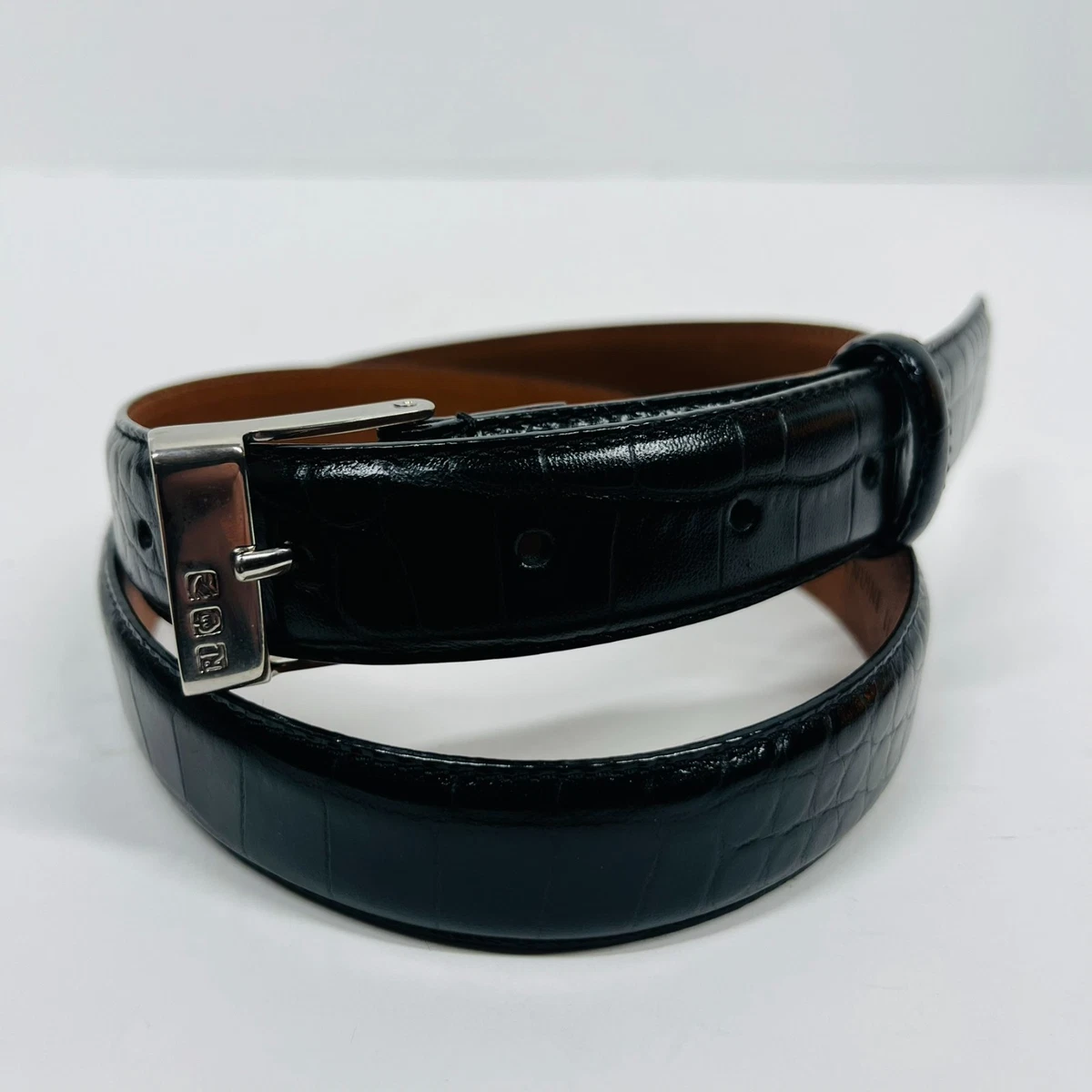 VTG Ralph Lauren Navy Blue Croc Embossed Skinny Leather Belt Silver Buckle Sz M Ralph Lauren Leather Blue Belts for Women | eBay main image 4