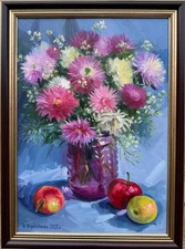 Original Oil Painting Still life Asters Flowers in glass vase with apples