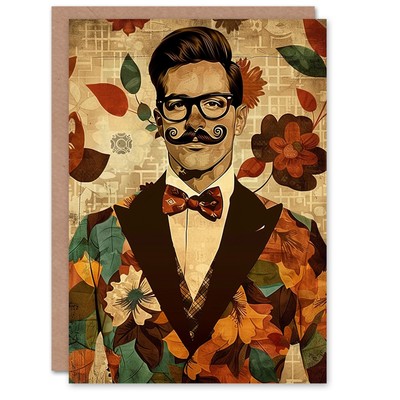 Birthday Card Dapper Man Floral Suit Handlebar Moustache For Him Greeting Card