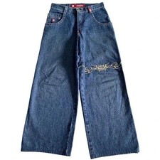 Unisex Baggy Jeans Tribal Graphic Wide Leg Blue Denim Y2K Streetwear size L