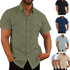 Mens Solid Loose Shirts Lapel Short Sleeve Dress Button-down Solid Blouses Tops