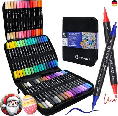 Artecho Acrylstifte 48 Farben mit Stoffbeutel, 0.5-5mm Wasserfester Dual Tip