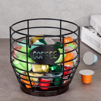 1pcs Coffee Pod Holder - Large Capacity Black Wire K-Cup Holder With Wooden