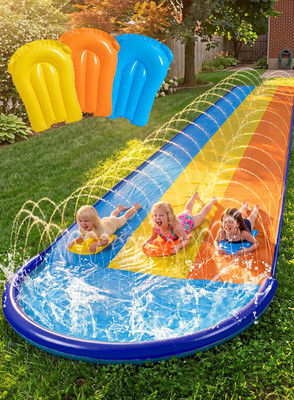 Triple Water Slide with 3 Bodyboards, 22.5FT Lawn Water Slip Splash Pad Slide Su