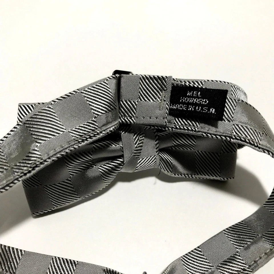 Men Bow Tie Pre Tied Plaid Gray Silver Vintage Mel Howard Butterfly Wedding Prom - Image 2 of 4