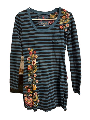 Johnny Was JW Los Angeles Langarmshirt schwarz blau gestreift bestickt XS