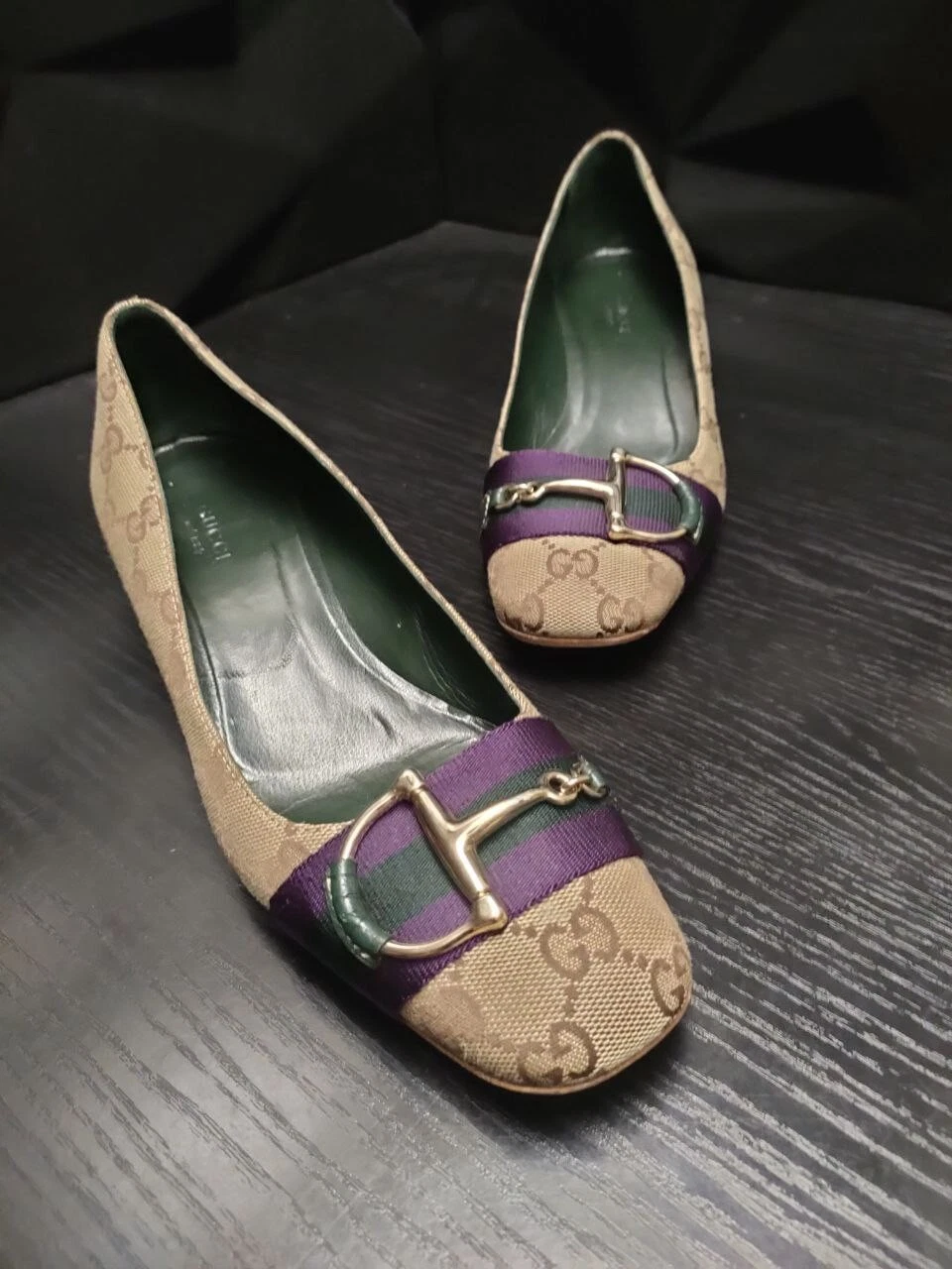 Sandales escarpins GUCCI Horsebit toile champagne marron doré taille 38C