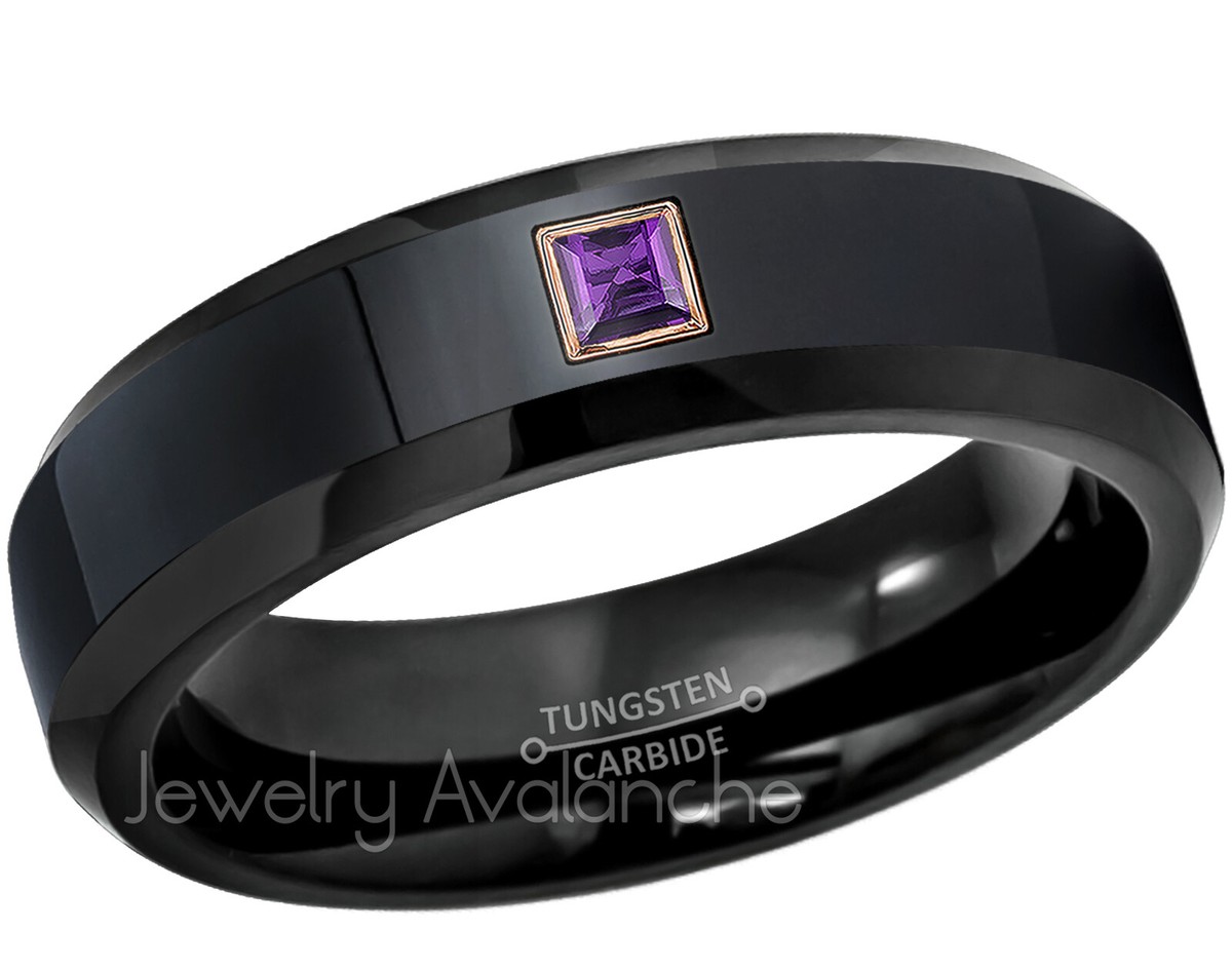 0.05ctw Princess Cut Amethyst Ring, 6mm Black IP Tungsten