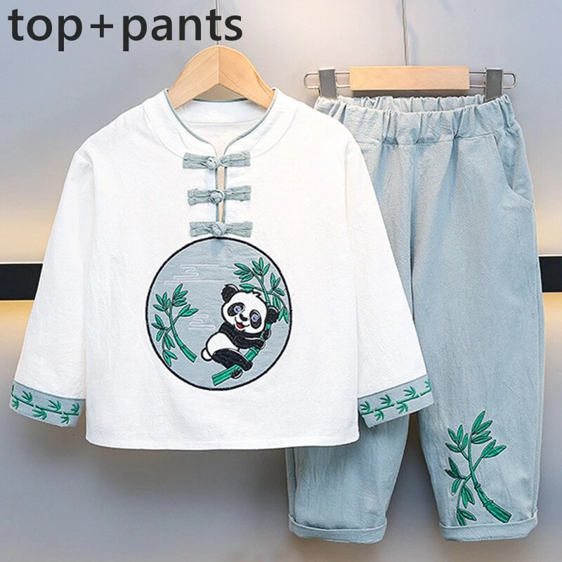 Abiti Retro Cinesi Hanfu Tang Ricamati Per Bambini Con Panda Di Bambù - Immagine 3 di 4
