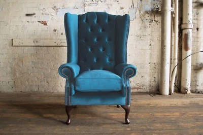 HANDMADE PLUSH TEAL BLUE VELVET CHESTERFIELD WING CHAIR, HIGH BACK QUEEN ANNE