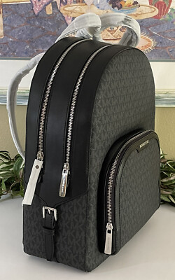 NWT MICHAEL KORS JAYCEE LARGE ZIP POCKET BACKPACK BAG TOTE MK BLACK LOGO SILVER Michael Kors Jaycee Large Women MK Logo Zip Pocket Travel  main image 3