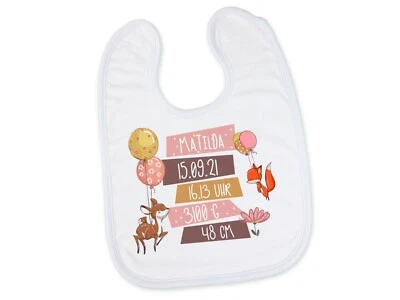 GRAZDESIGN Baby Lätzchen mit Name und Geburtsdaten ♥ Waldtiere + Luftballons ♥ Geschenkidee