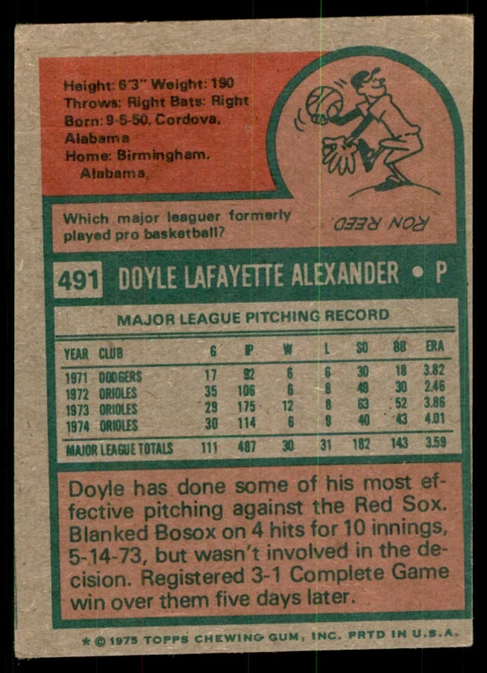 1975 Topps Doyle Alexander Baseball Cards #491 - Image 2 of 2