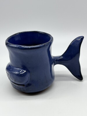 Vintage Art Pottery 3D Blue Whale Coffee Tea Mug - Signed Thora