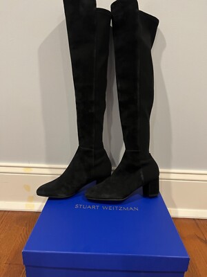 Stuart Weitzman Black Suede/Fabric Pull On Block Heel Knee High Boots Womens 5B