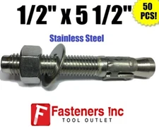 (QTY 50) 1/2" x 5 1/2" Concrete Wedge Anchor Stainless Steel Grade 304 