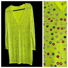 Vtg Embellished Sheer Green Dress Rhinestones Sparkle Fairy Long Sleeve Plunging