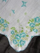 Vintage Teal Roses Hankie Print Flower Handkerchief Printed Floral Hanky 1365